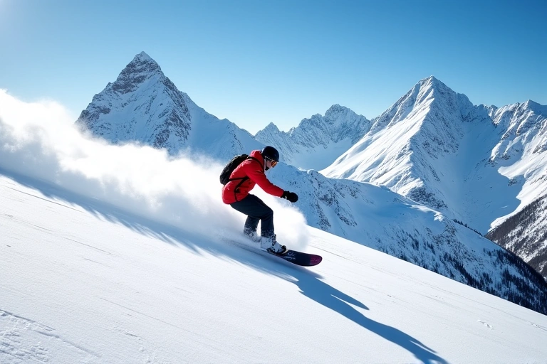 A snowboarder carving down a pristine, powder-covered slope with a backdrop of majestic mountains.