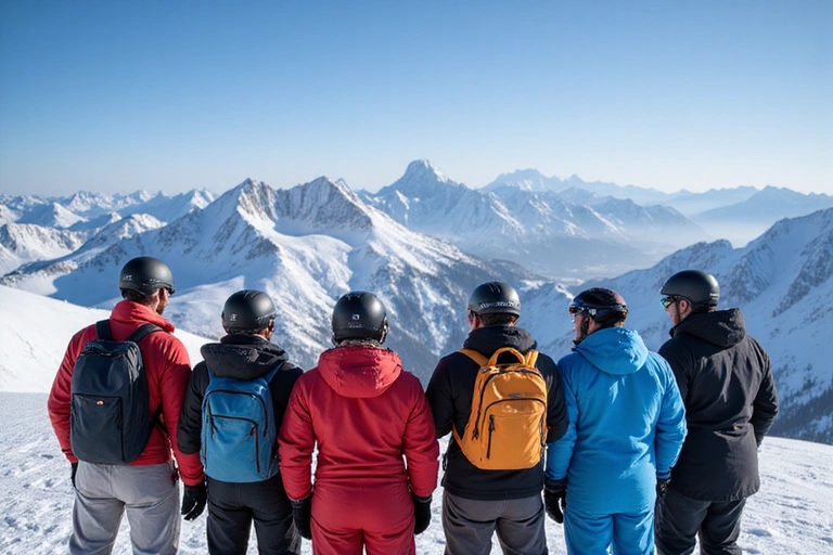 A group of smiling skiers and snowboarders at the summit of a mountain, looking out at a vast, beautiful landscape.