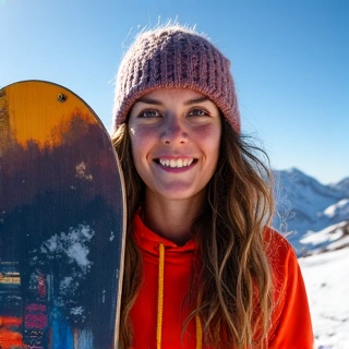 Portrait of Sarah 'The Snowboard Whisperer' Miller, a woman with a warm smile and dreadlocks, holding a snowboard.