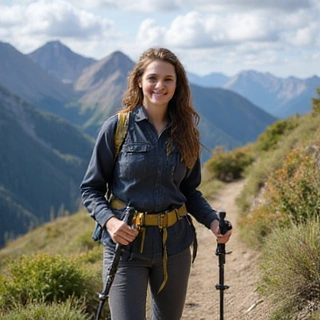 Portrait of Emily 'The Expeditioner' Davis, a woman with a determined look, holding trekking poles on a mountain trail.
