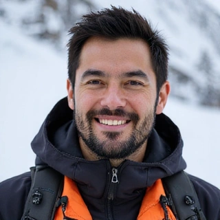 Portrait of Alex 'The Alpinist' Chen, a smiling man with a rugged beard and bright eyes, wearing a technical winter jacket.