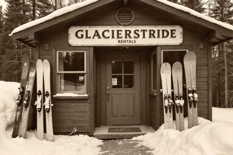 Vintage photo of GlacierStride's first small mountain gear shop with skis and snowboards outside.