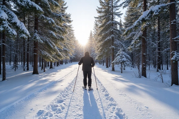 Person cross-country skiing through a snowy forest