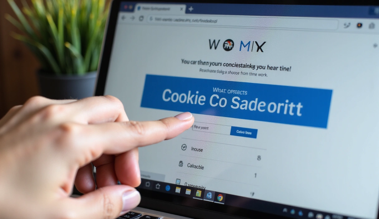 Close-up of a hand clicking on a cookie consent banner on a laptop screen, with a blurry background of a website, emphasizing user choice and privacy settings.