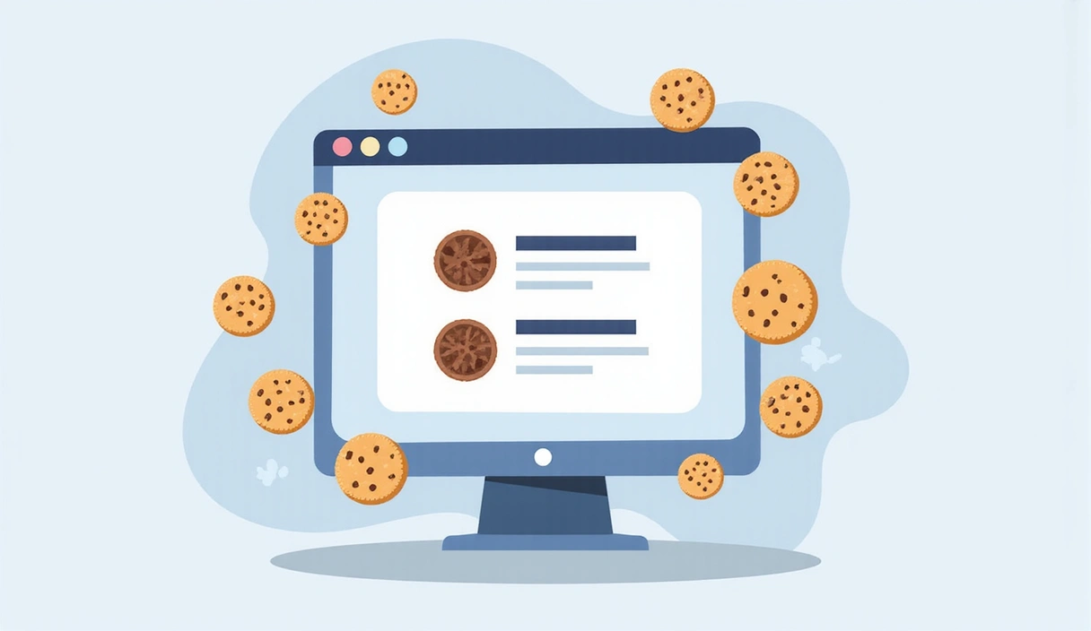 Digital illustration of various cookies icons floating around a stylized web browser window, representing different types of cookies like essential, analytics, and advertising, against a clean, modern background.