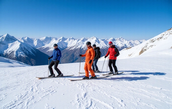 Group of skiers enjoying fresh powder in the Alps