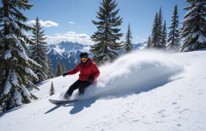 Snowboarder making turns in deep Rocky Mountain backcountry snow