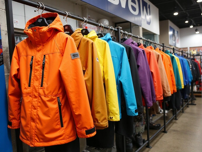 Colorful ski jackets hanging on a rack