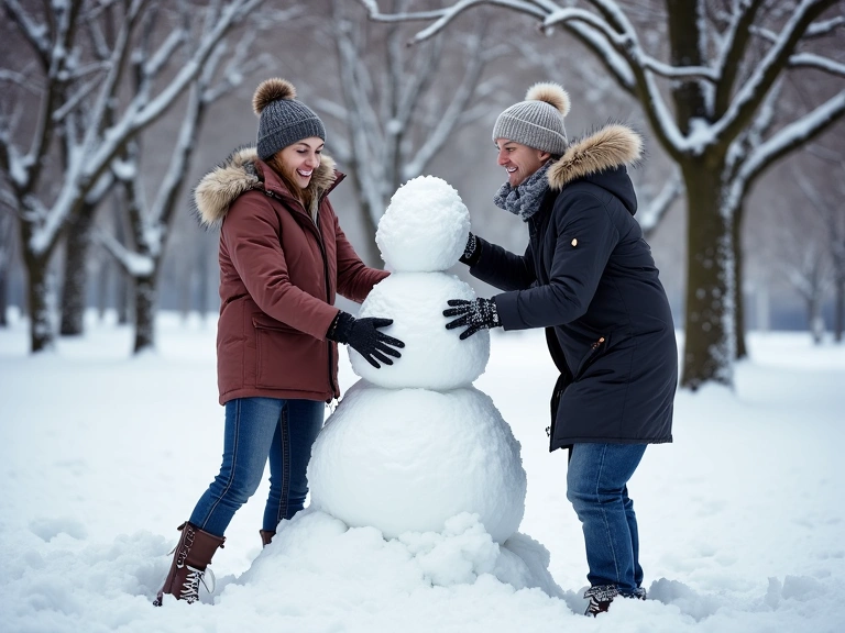 Couple building a snowman