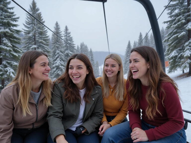 Group of friends laughing on a ski lift