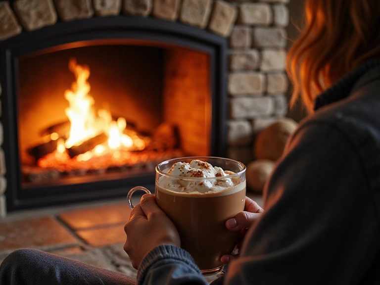 Person drinking hot cocoa by a fireplace after skiing