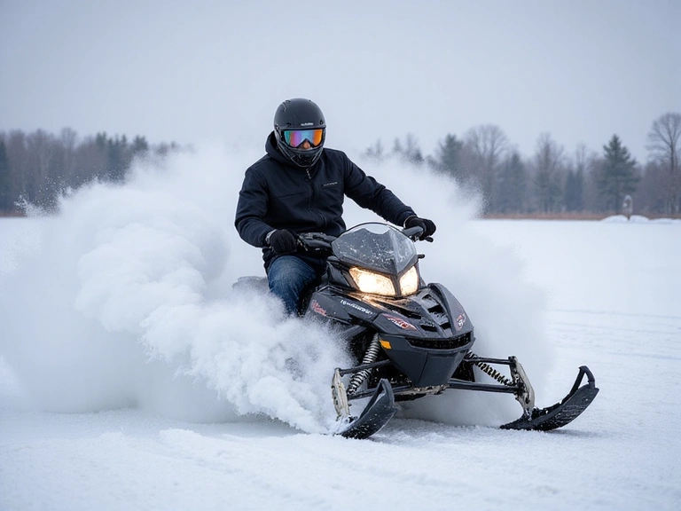 Snowmobile racing through a snowy field