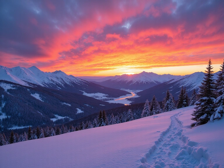 Sunset over a snowy valley