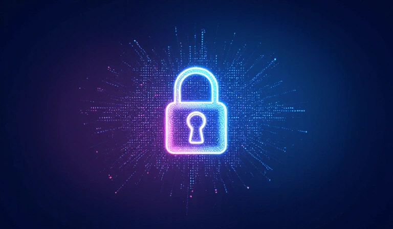Digital illustration of a privacy lock icon with abstract data flowing around it, signifying data security and privacy. The colors are cool tones like blue and purple.