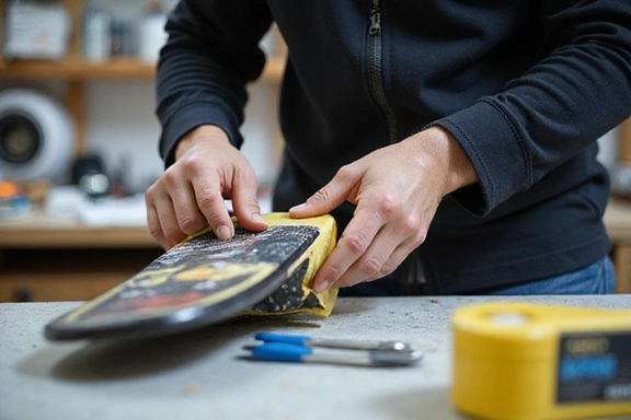 Close-up of a ski technician waxing a snowboard in a workshop