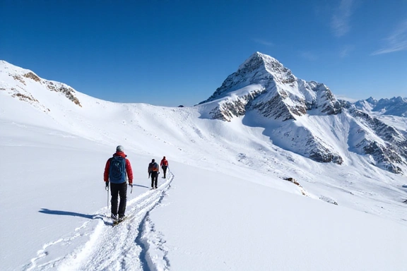 Group of skiers on a guided tour in a snowy mountain landscape