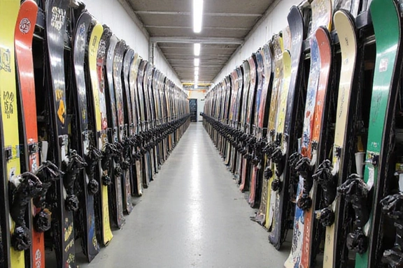 Rows of neatly stored skis and snowboards in a storage facility